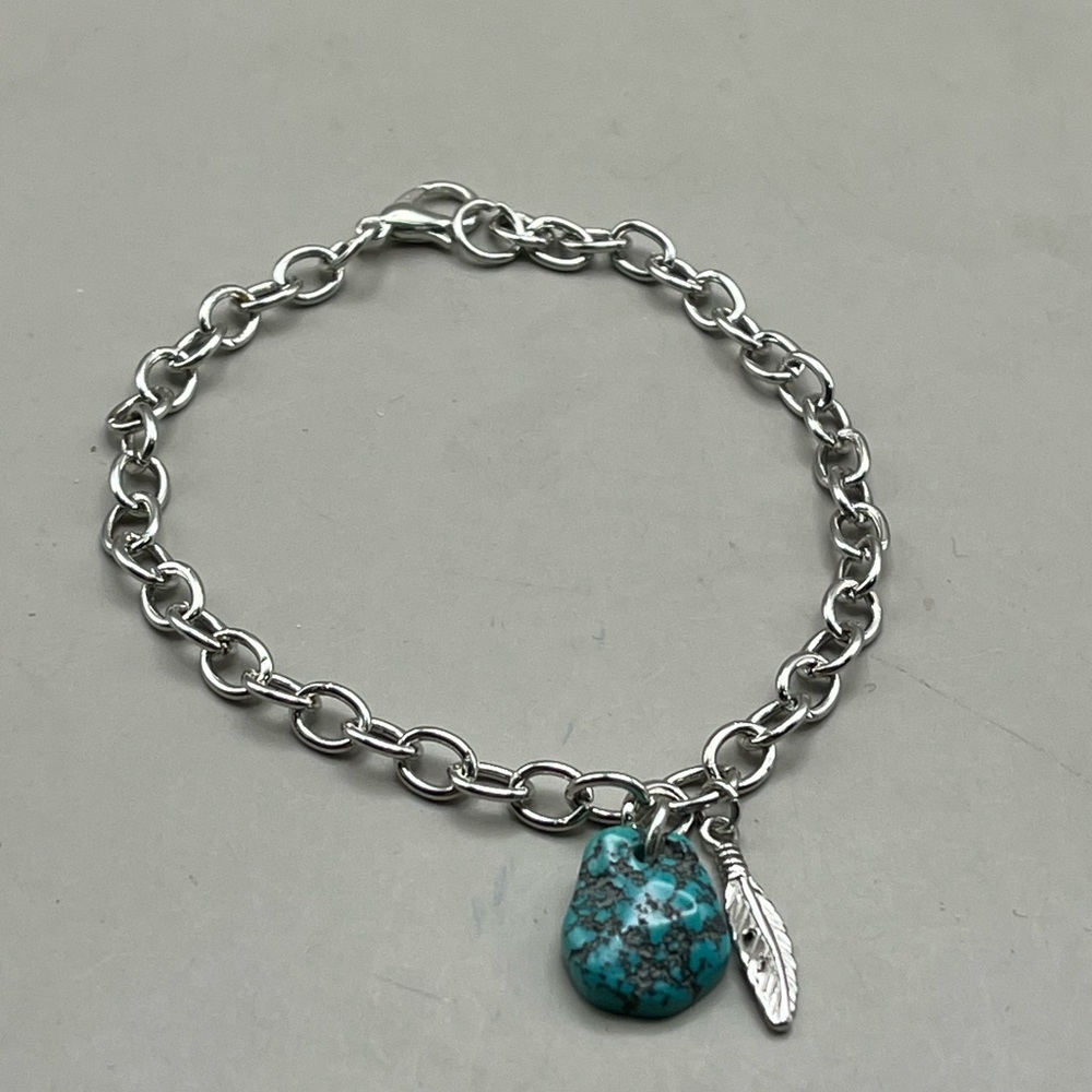 Silver Chain Bracelet with Turquoise Nugget Charm - Boho Jewelry Gift